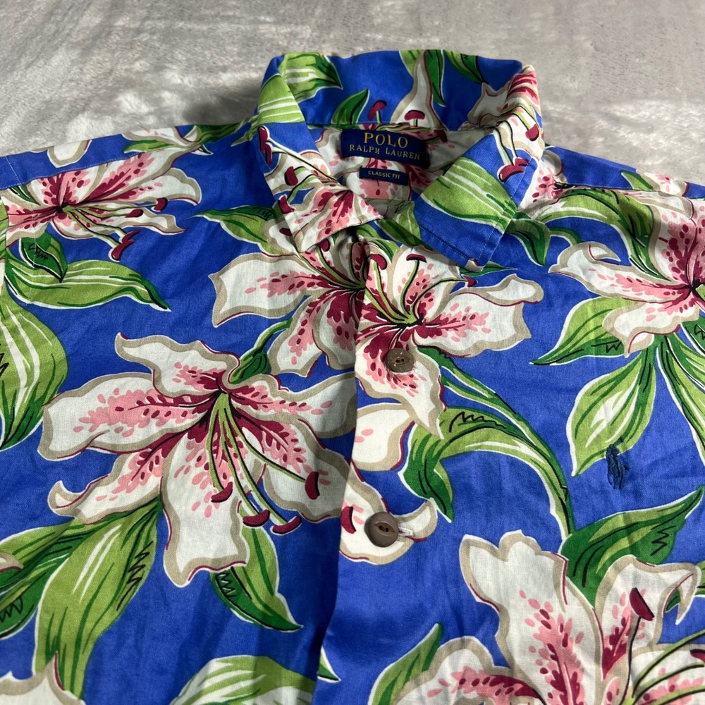 Polo Ralph Lauren Mens M? Short Sleeve Button Down Blue Floral Lily Classic Fit